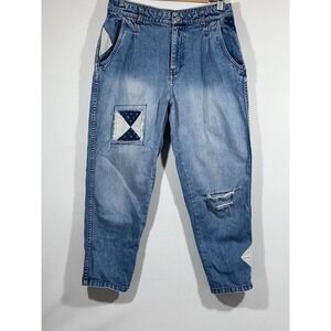 Free People Jeans Womens 29 High Rise Patchwork Distressed Blue Denim Boho